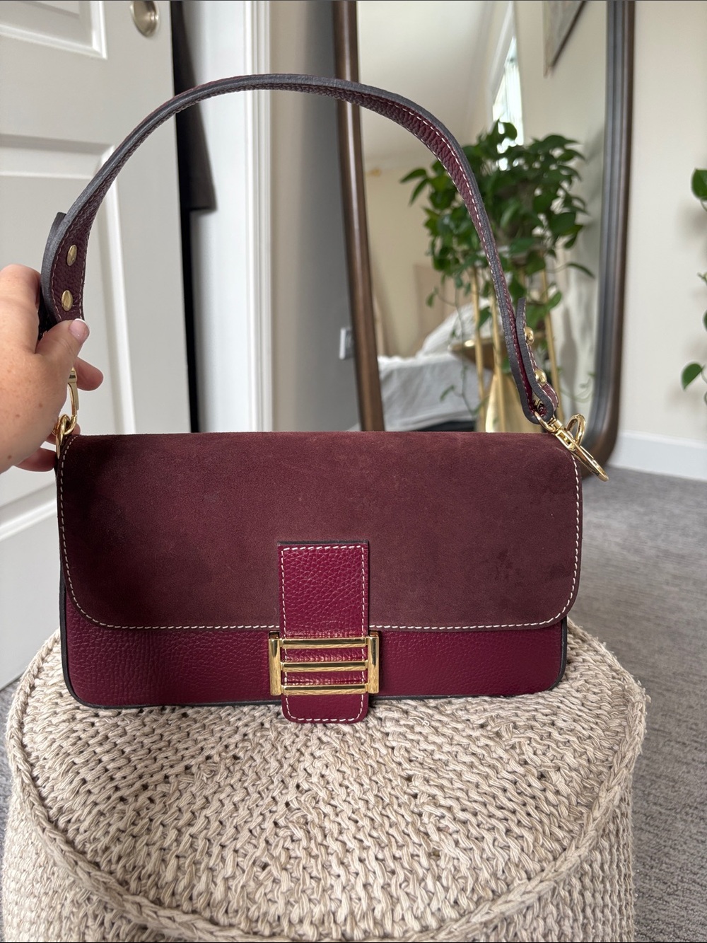Women’s Burgundy Genuine Leather & Suede Shoulder Bag with Gold Accent